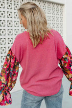 Load image into Gallery viewer, Sachet Pink Flower Patchwork Ruffled Sleeve Ribbed Knit Drop Shoulder Top
