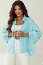 Load image into Gallery viewer, Iceland Blue Solid Puff Sleeve Loose Fit Buttoned Shirt
