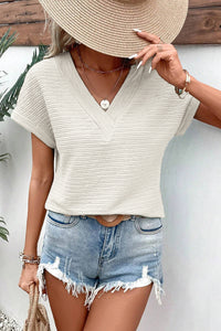 Pale Khaki Textured Wide Sleeve V Neck T Shirt