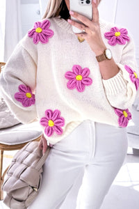 White Floral Crochet Chunky Knit Sweater