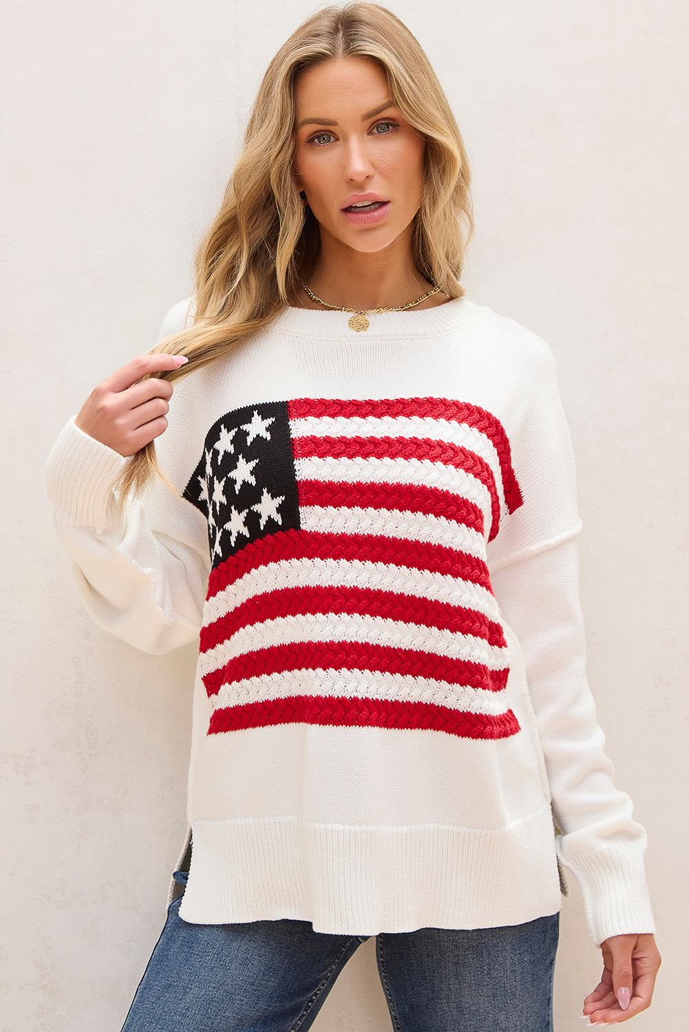 White American Flag Cable Knit Drop Shoulder Sweater