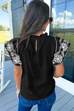 Load image into Gallery viewer, Black Embroidered Ruffled Sleeve Frilled Collar Blouse
