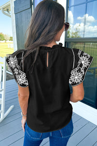 Black Embroidered Ruffled Sleeve Frilled Collar Blouse