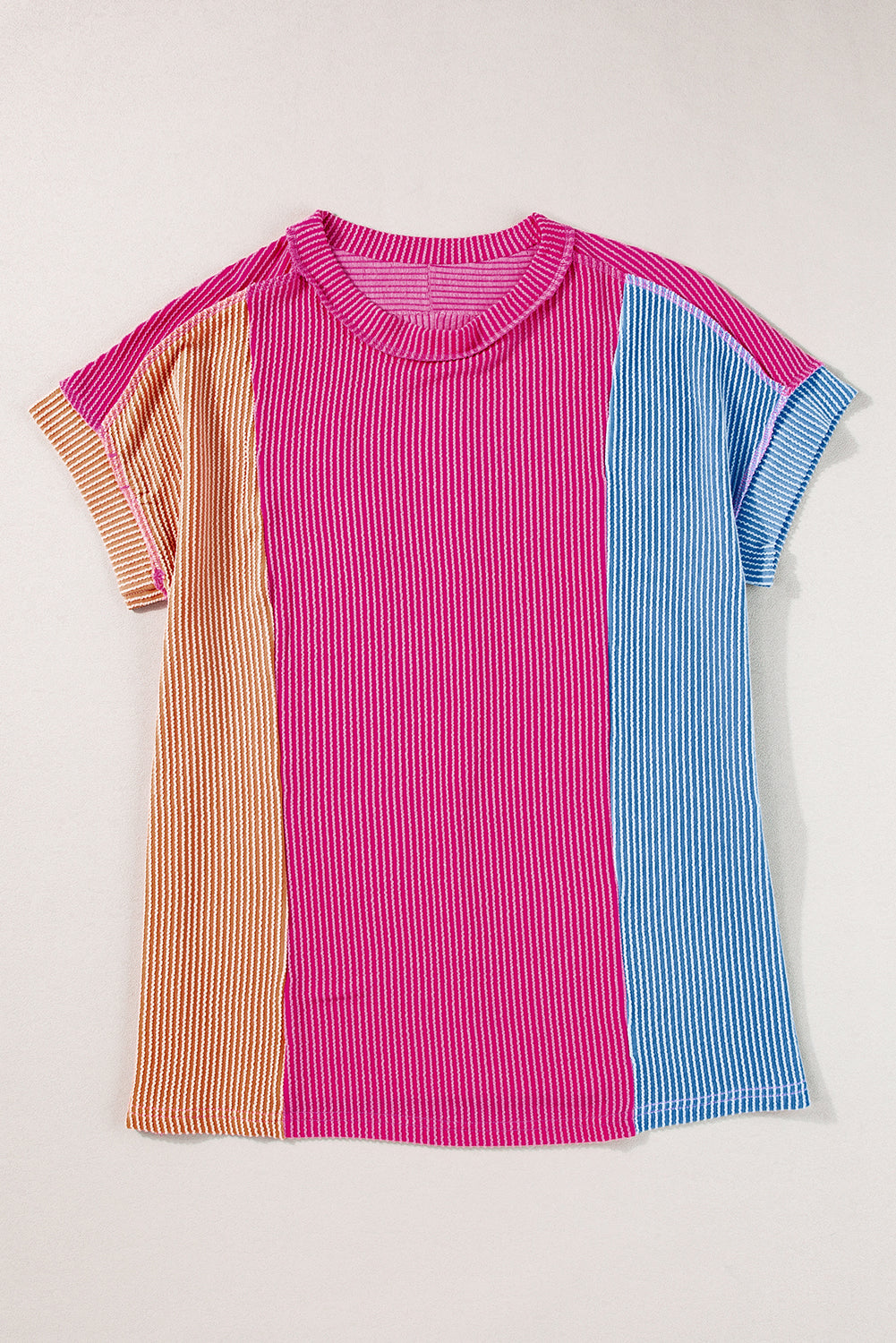 Pink Textured Colorblock Crew Neck T Shirt