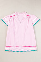 Load image into Gallery viewer, Sky Blue Stripe Ricrac Trim Split Neck Striped Ruffled Sleeve Blouse
