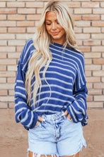 Load image into Gallery viewer, Sky Blue Stripe Drop Shoulder Casual Sweater
