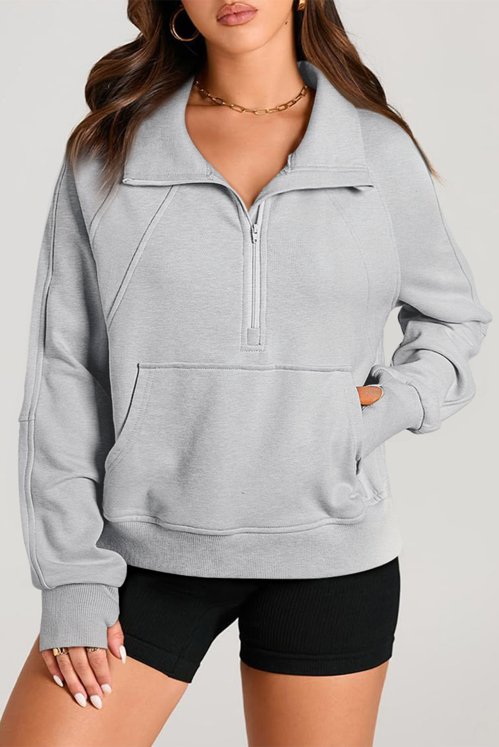 Aruba Blue Quarter Zip Stand Neck Kangaroo Pocket Sweatshirt