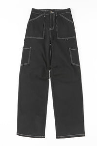 Black High Waist Straight Leg Cargo Pants with Pockets