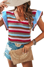 Load image into Gallery viewer, Multicolour Striped Ruffled Sleeve V Neck Sweater
