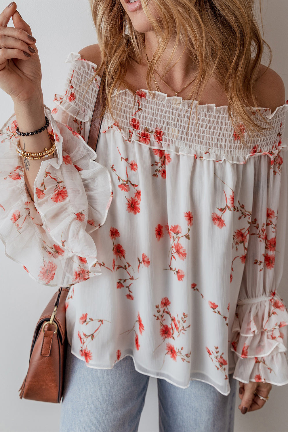 White Floral Print Shirred Off Shoulder Ruffled Sleeve Blouse