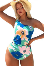 Load image into Gallery viewer, Green Floral Print Ruched Cut Out One Shoulder Monokini
