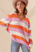 Load image into Gallery viewer, Orange Stripe Colorblock V Neck Casual Sweater
