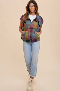 Multicolor Plaid Print Side Pockets Zipped Loose Vest