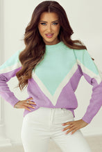 Load image into Gallery viewer, Green Chevron Colorblock Ribbed Knit Drop Shoulder Sweater
