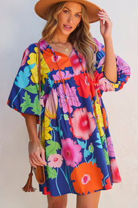 Rose Floral Print Split Neck Babydoll Dress