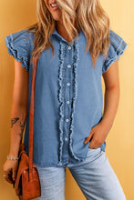 Load image into Gallery viewer, Beau Blue Button Front Ruffled Flutter Frayed Denim Top
