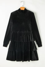 Load image into Gallery viewer, Black Velvet High Neck Tiered Ruffle Mini Dress
