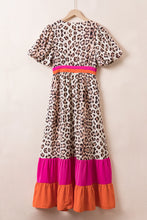 Load image into Gallery viewer, Bright Pink Leopard Colorblock Patchwork Bubble Sleeve Maxi Dress
