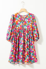 Load image into Gallery viewer, Sky Blue Floral Print Tie Split Neck Bubble Sleeve Babydoll Dress
