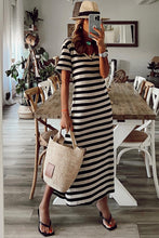 Load image into Gallery viewer, Black Stripe Print V Neck Maxi Dress with Side Splits
