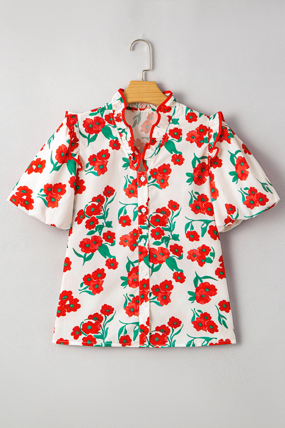 Red Floral Print Ruffled Puff Sleeve Elegant Summer Shirt