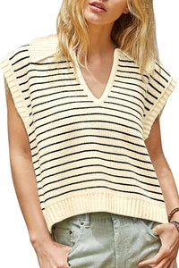 Black Stripe Turn-down V Neck Sweater Tank Top