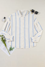 Load image into Gallery viewer, Sky Blue Stripe Drop Shoulder Bubble Sleeve Loose Shirt
