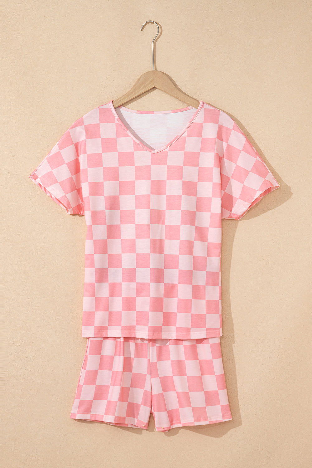 Pink Checkered V Neck Tee Drawstring Shorts Lounge Set