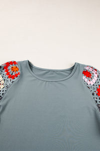 Medium Grey Floral Crochet Short Sleeve Top