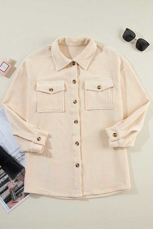 Oatmeal Corduroy Flap Pocket Button Up Shacket