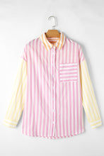 Load image into Gallery viewer, Pink Stripe Contrast Collar Long Sleeve Patchwork Shirt
