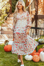 Load image into Gallery viewer, Khaki Floral Print Ruffled Tiered Long Sleeve V Neck Midi Dress
