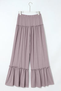 Khaki Frilled Drawstring High Waist Wide Leg Pants