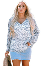 Load image into Gallery viewer, Sky Blue Geometric Print Shirred Puff Sleeve V Neck Blouse
