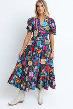 Load image into Gallery viewer, Black Retro Floral Printed Split Neck Maxi Dress
