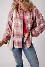 Load image into Gallery viewer, Pink Plaid Print Chest Pocket Long Sleeve Shacket
