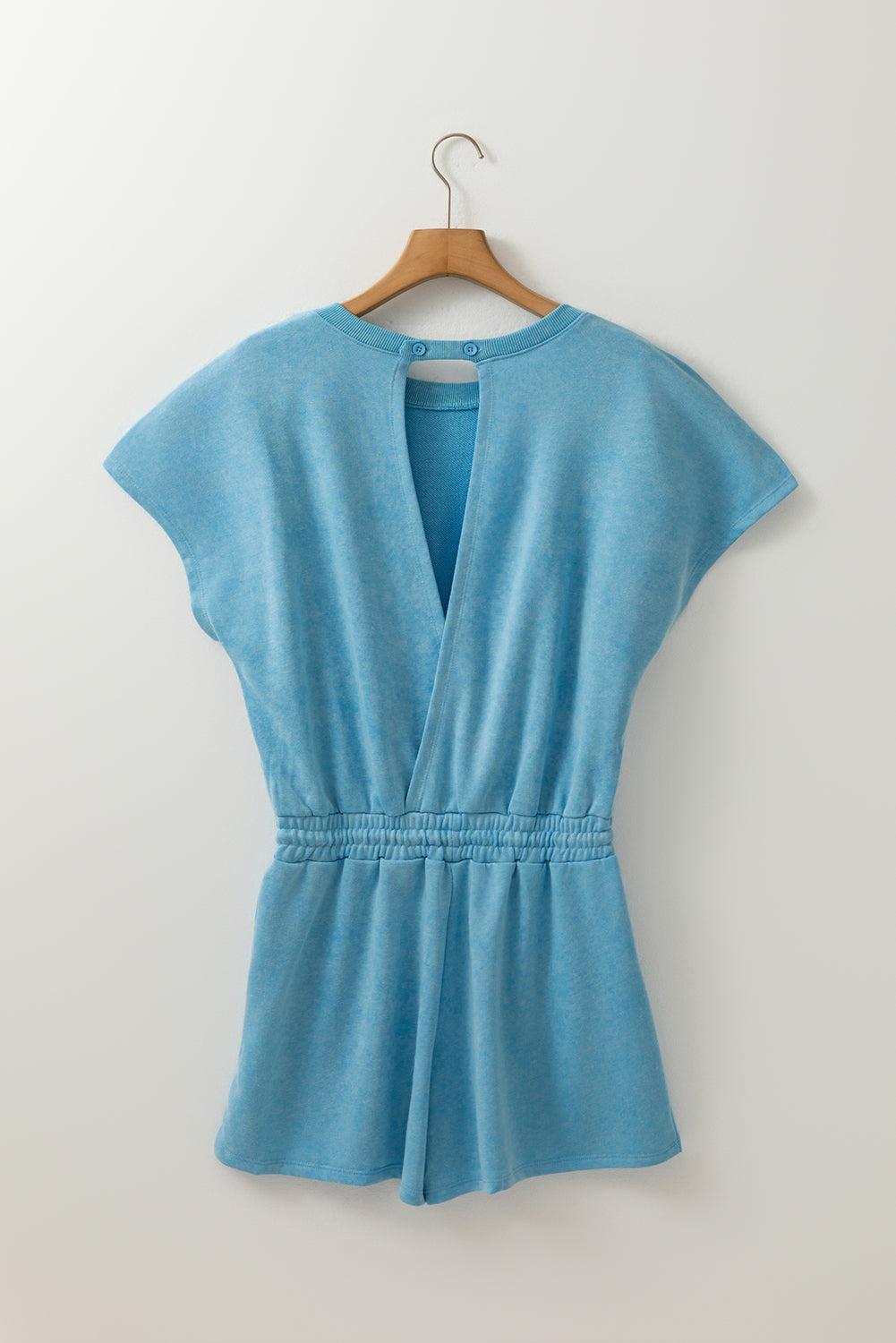 Mist Blue Mineral Wash Drawstring Waist Hollow Out Back Short Sleeve Romper