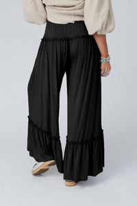 Khaki Frilled Drawstring High Waist Wide Leg Pants