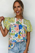 Load image into Gallery viewer, Green Bubble Sleeve Lace Trim Floral Mixed Print Blouse
