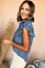 Load image into Gallery viewer, Beau Blue Button Front Ruffled Flutter Frayed Denim Top
