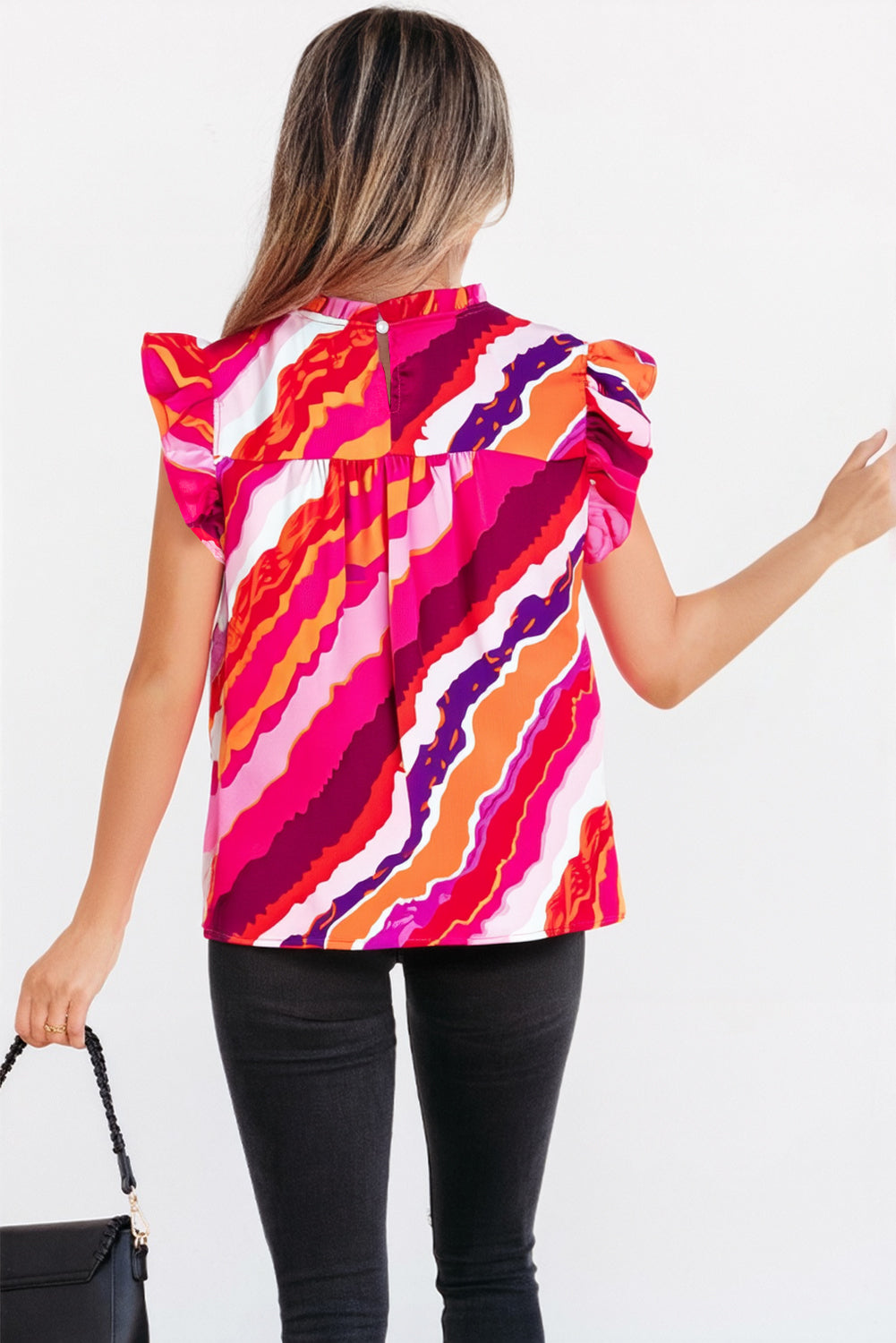 Rose Abstract Print Shirred Yoke Ruffled Blouse