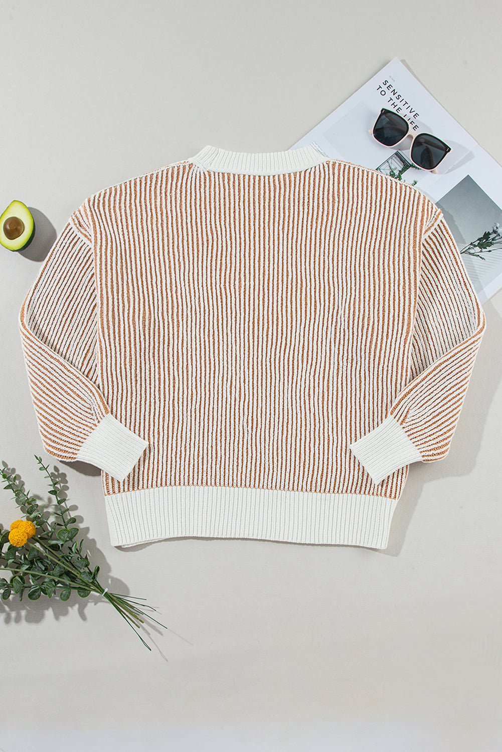 Chestnut Striped Textured Knit Contrast Edge Loose Sweater