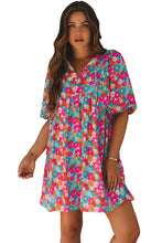 Load image into Gallery viewer, Sky Blue Floral Print Tie Split Neck Bubble Sleeve Babydoll Dress
