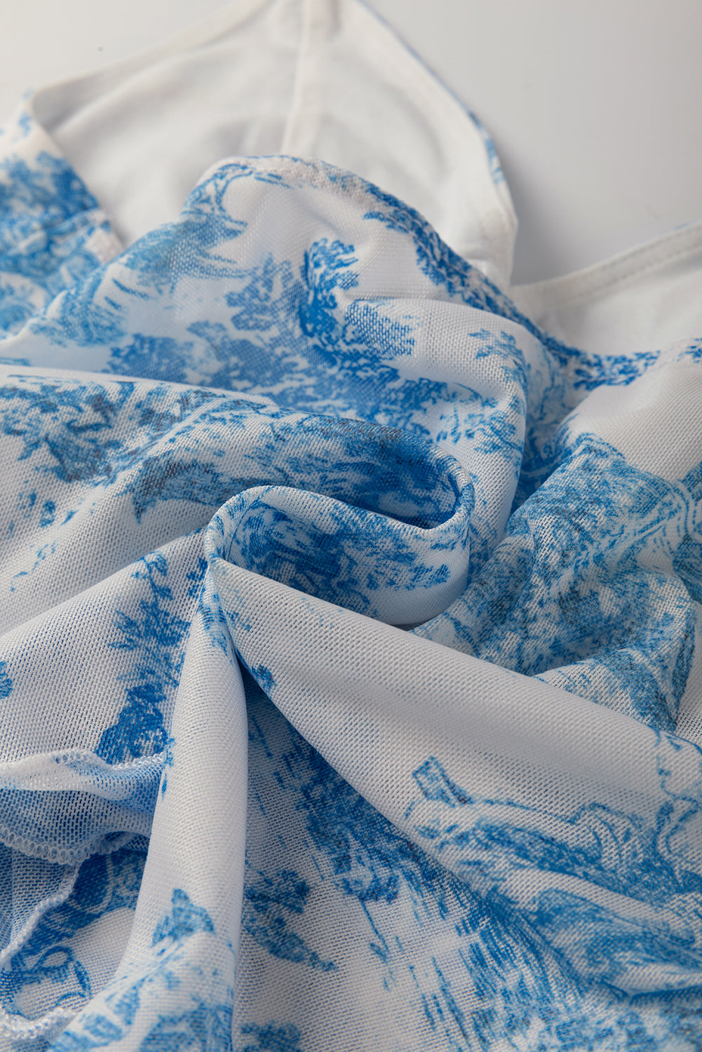 Sky Blue Random Printed Mesh Bow Detail Halterneck Tank Top