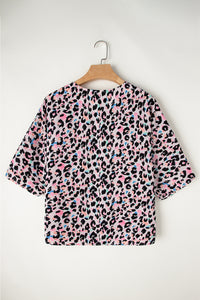 Pink Multicolor Leopard Print V Neck Oversized Blouse