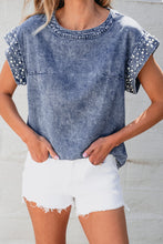 Load image into Gallery viewer, Dusk Blue Acid Wash Pearl Embellishments O-neck Denim Top
