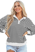 Load image into Gallery viewer, White Stripe Color Block Buttoned Crew Neck Oversized Sweatshirt
