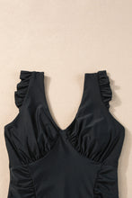 Load image into Gallery viewer, Black Ruffled Trim Ruched One Piece Bathing Suit
