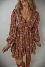 Load image into Gallery viewer, Brown Boho Floral Ruffled Puff Sleeve V Neck Mini Dress
