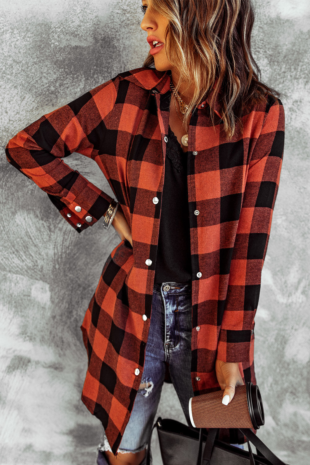 Green Turn-down Collar Plaid Shirt Coat